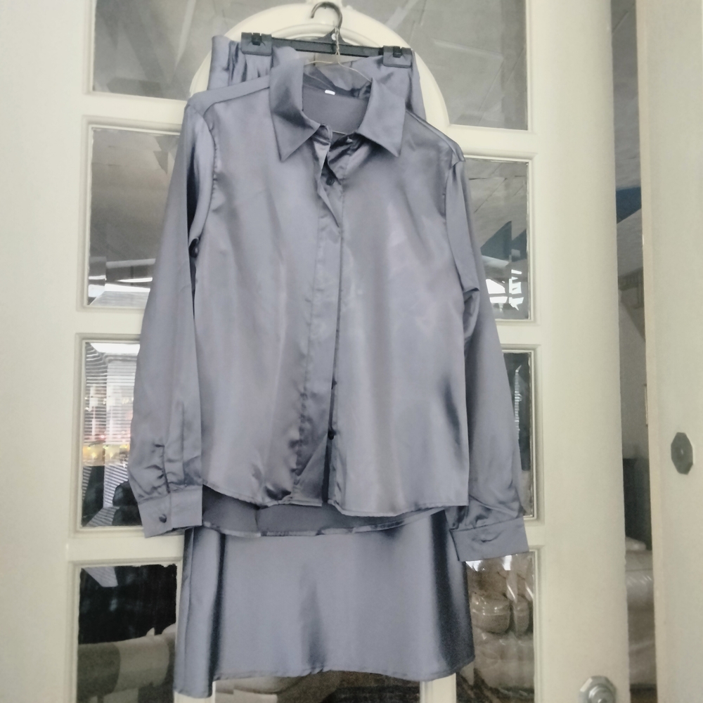 Sleek Gray Satin Shirt and Skirt Set